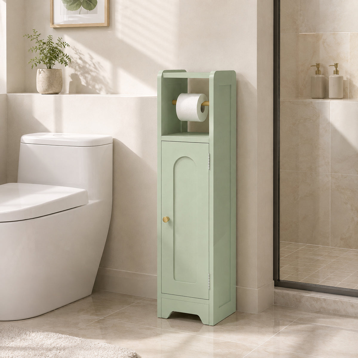 Light green narrow bathroom storage cabinet with toilet roll holder beside toilet