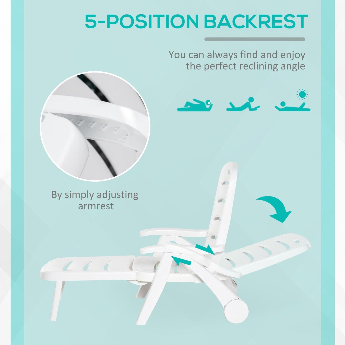 Outsunny Folding Chaise Lounge Chair on Wheels, 5-Position Backrest, White - ALL4U RETAILER LTD