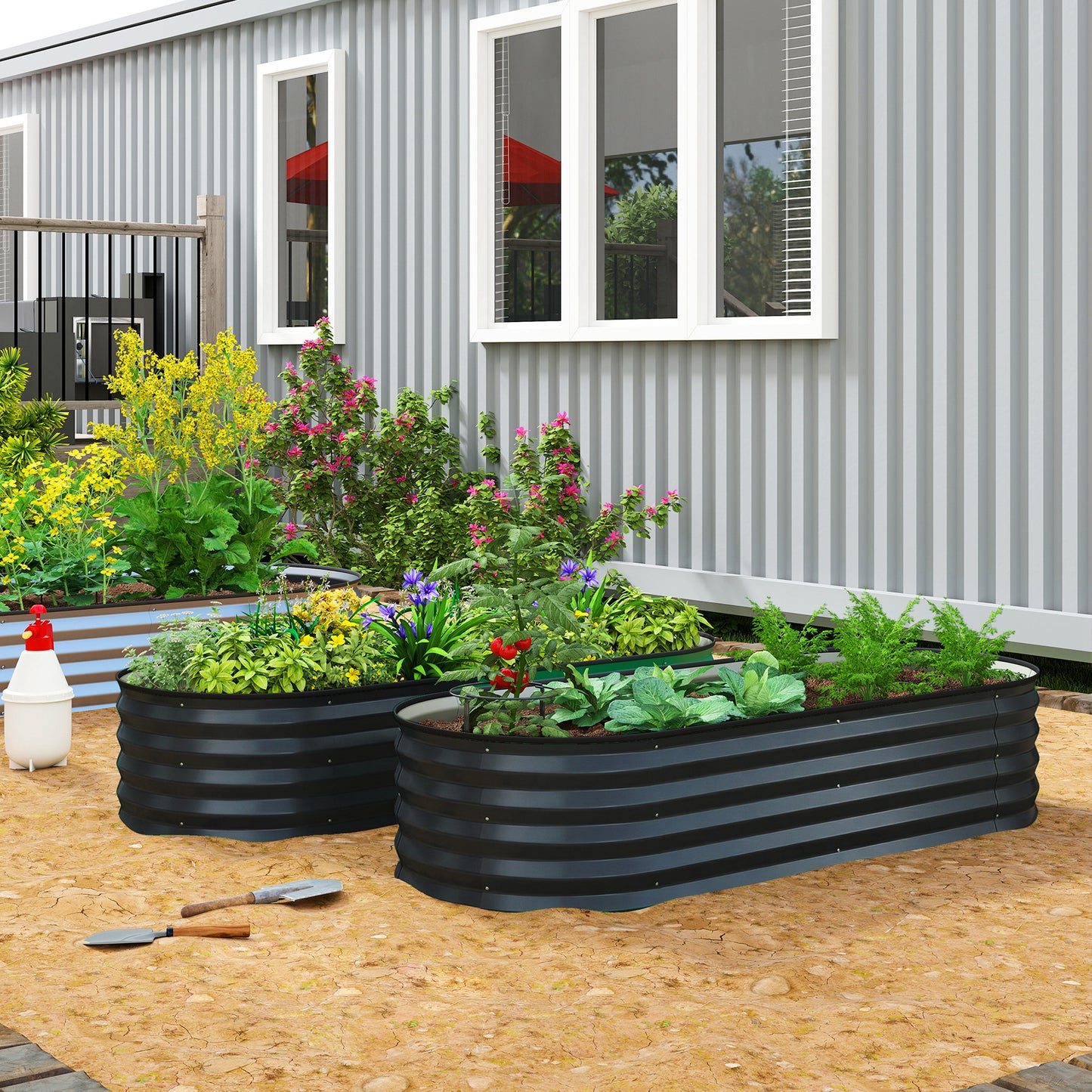 Outsunny Set of Two 150 x 60cm Galvanised Steel Planters for Outdoor Gardens Dark Grey
