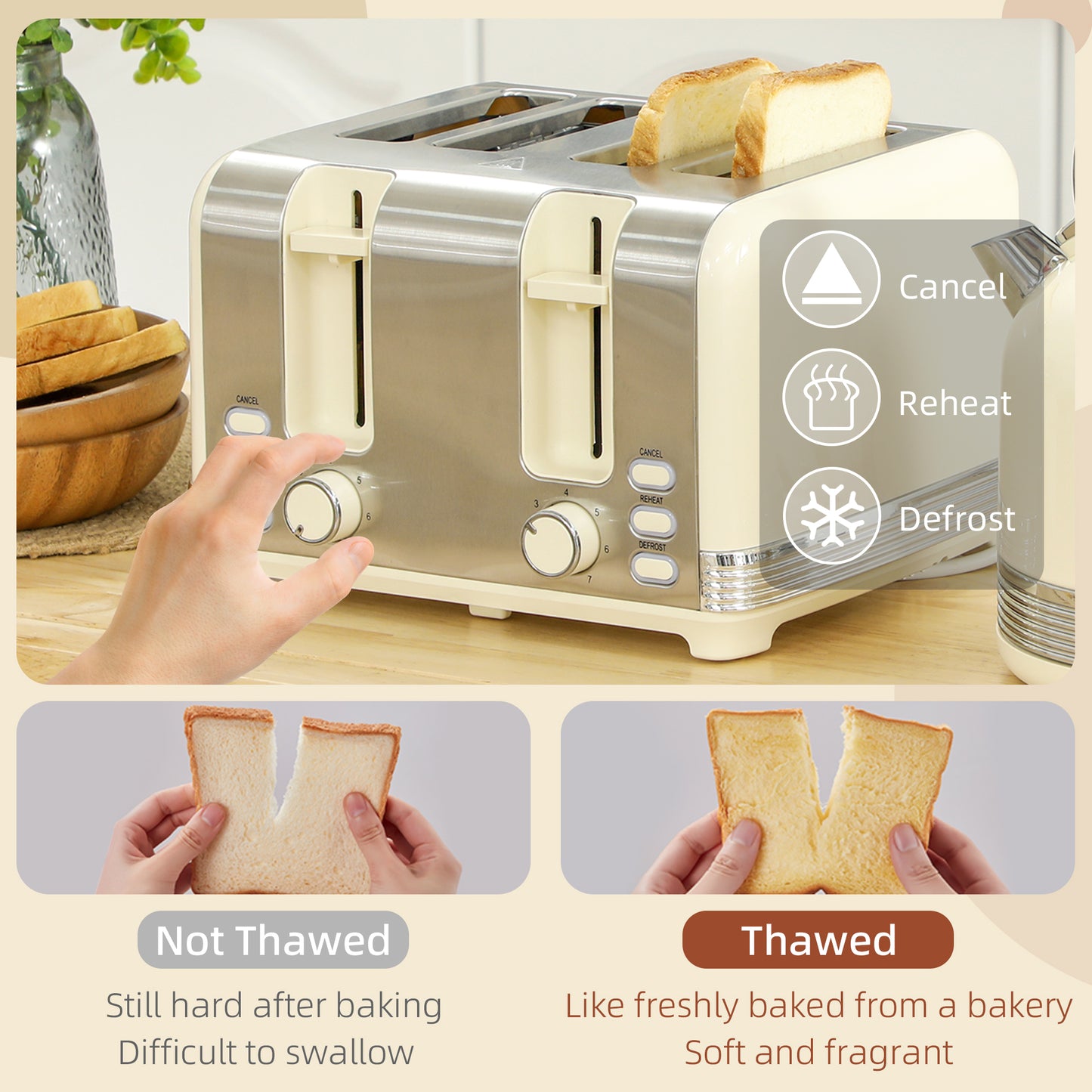 HOMCOM Cream Polished Stainless Steel Kettle and Toaster Set With Fast Boil 3000 Watt Kettle and Four Slice Toaster