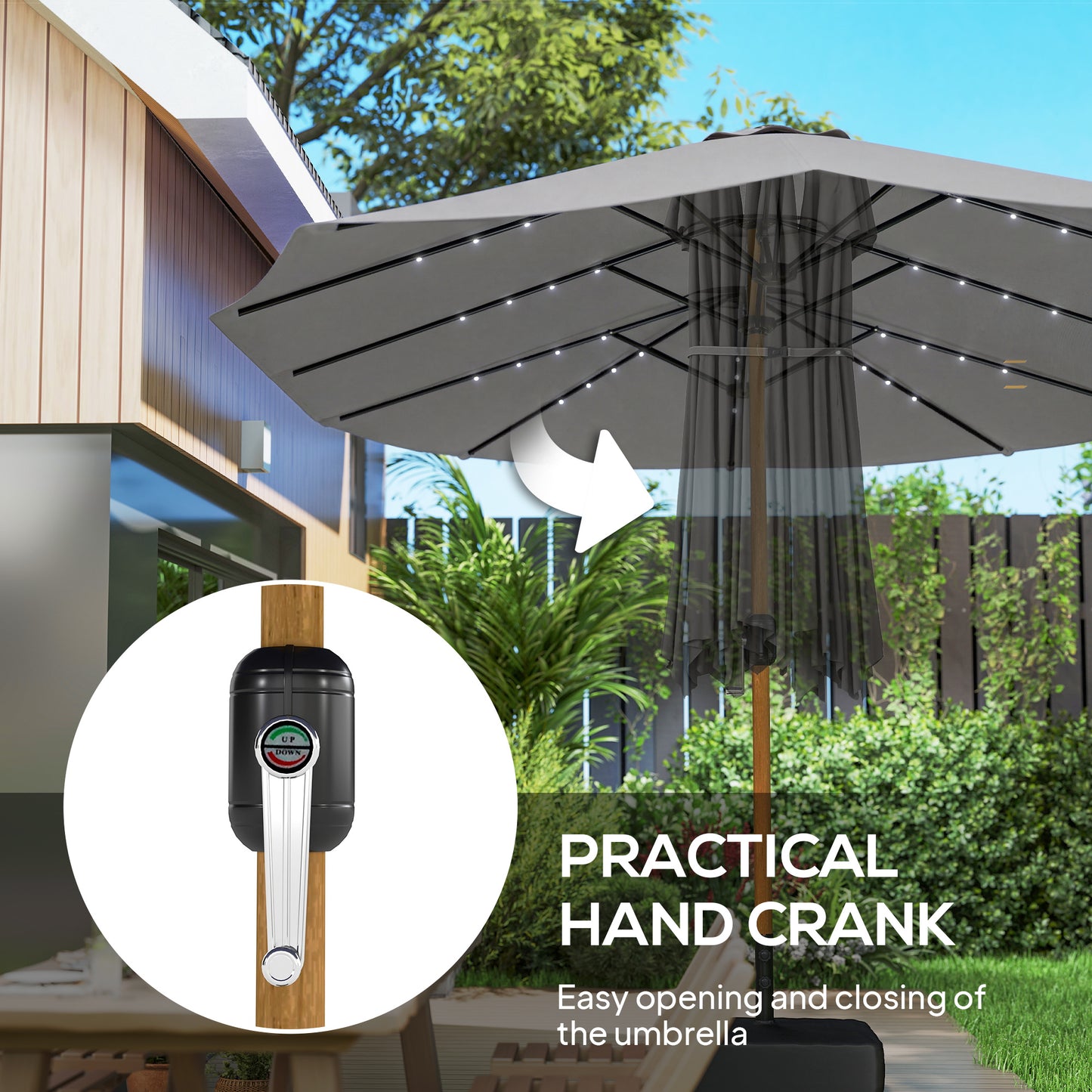 Outsunny Double Sided Garden Parasol With Base Included 48 Solar LED Lights Patio Umbrella Crank Handle 4.6m Light Grey