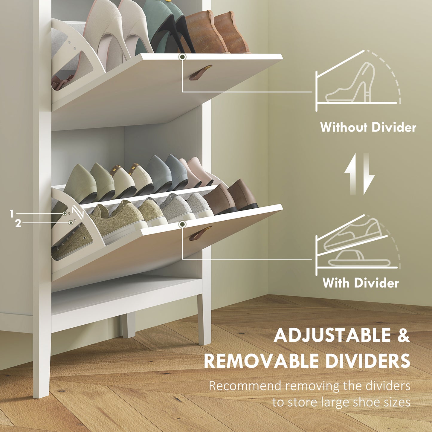 HOMCOM Modern Two Drawer Shoe Cabinet White Slim Shoe Storage For 14 Pairs UK Mens 9.5