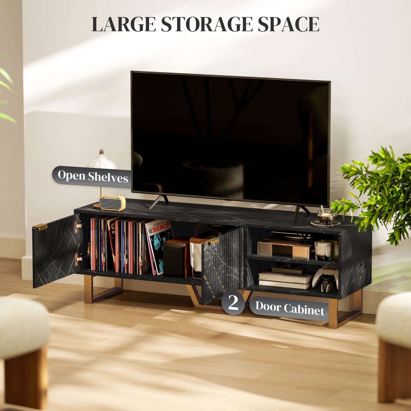 HOMCOM Marble Effect TV Unit For Up To 70 Inch TVs Black With Fluted Doors Shelves Storage Cupboard And Cable Management