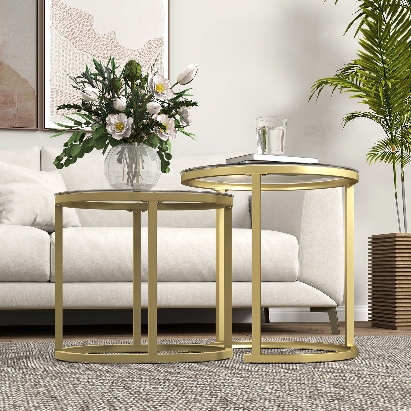 HOMCOM Modern Coffee Tables Set Of 2 Nesting Tables With Steel Frame And Tempered Clear Glass Tops For Living Room