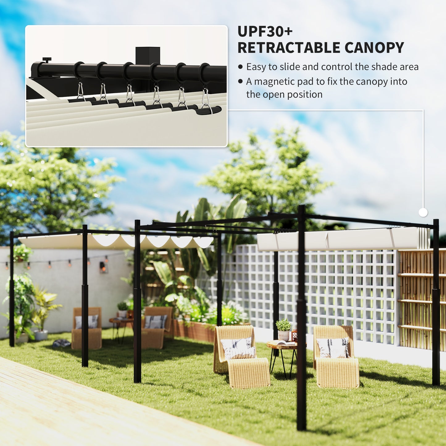 Outsunny 3x3m Metal Pergola With Retractable Roof UPF30 Magnetic Fixture Outdoor Gazebo Kit Cream White