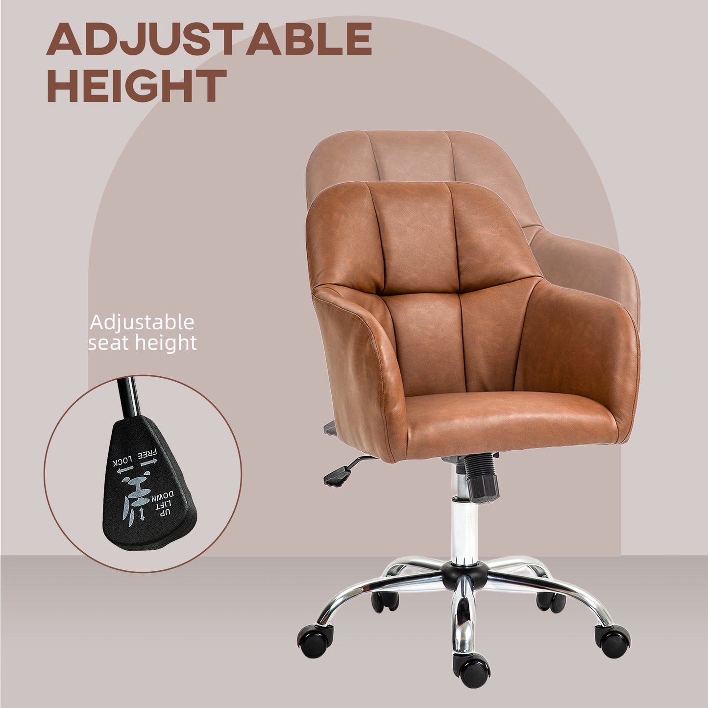 Vinsetto Elegant Brown PU Leather Swivel Office Chair with Adjustable Height and Wheels, Ideal for Home Study and Makeup Vanity