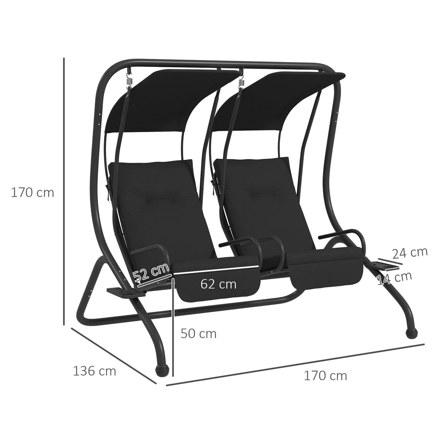 Outsunny Two Seat Garden Swing Chair With Protective Canopy Cup Holders And Sturdy Curved Steel Frame Black