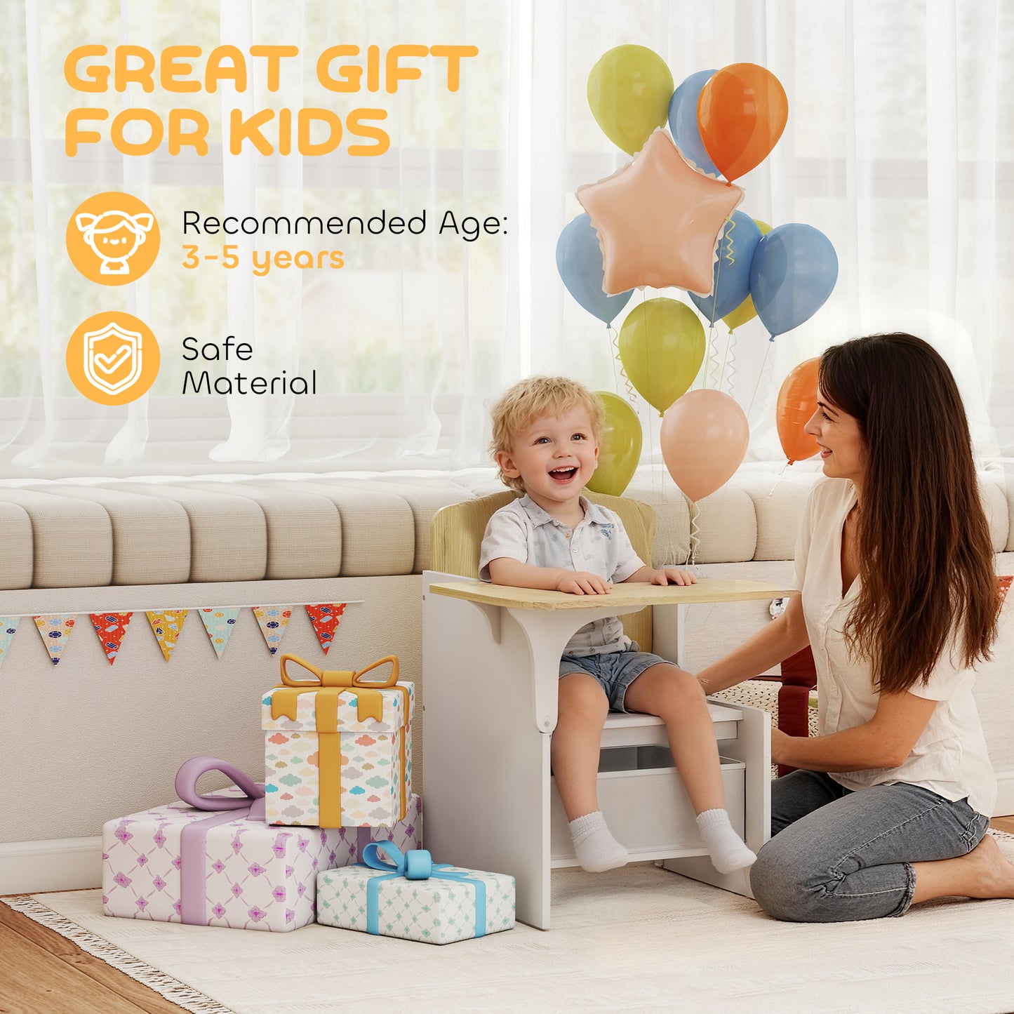 AIYAPLAY Kids Table and Chair Set With Built In Storage Bins For Playtime Reading Painting Ages 3 to 5 White