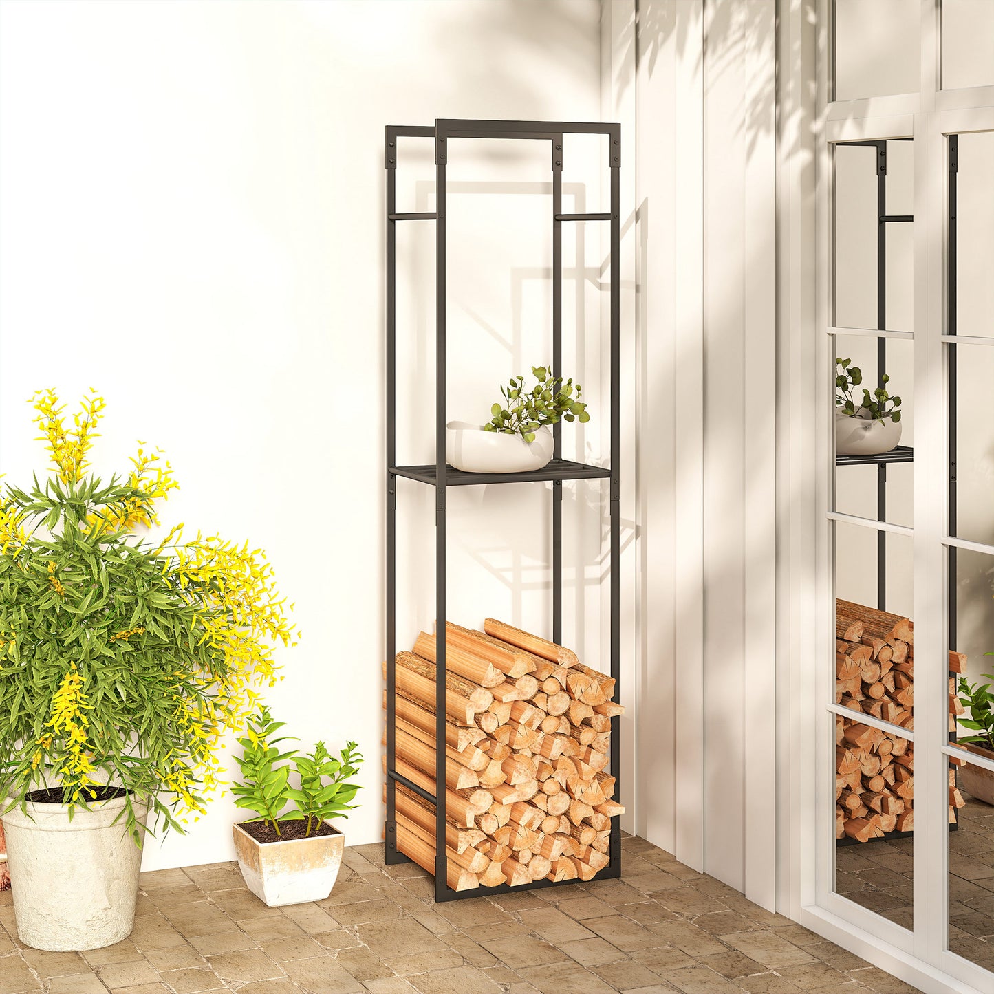 Outsunny Metal Firewood Log Holder With Adjustable Shelf Heavy Duty Log Rack For Indoor Outdoor Use Black