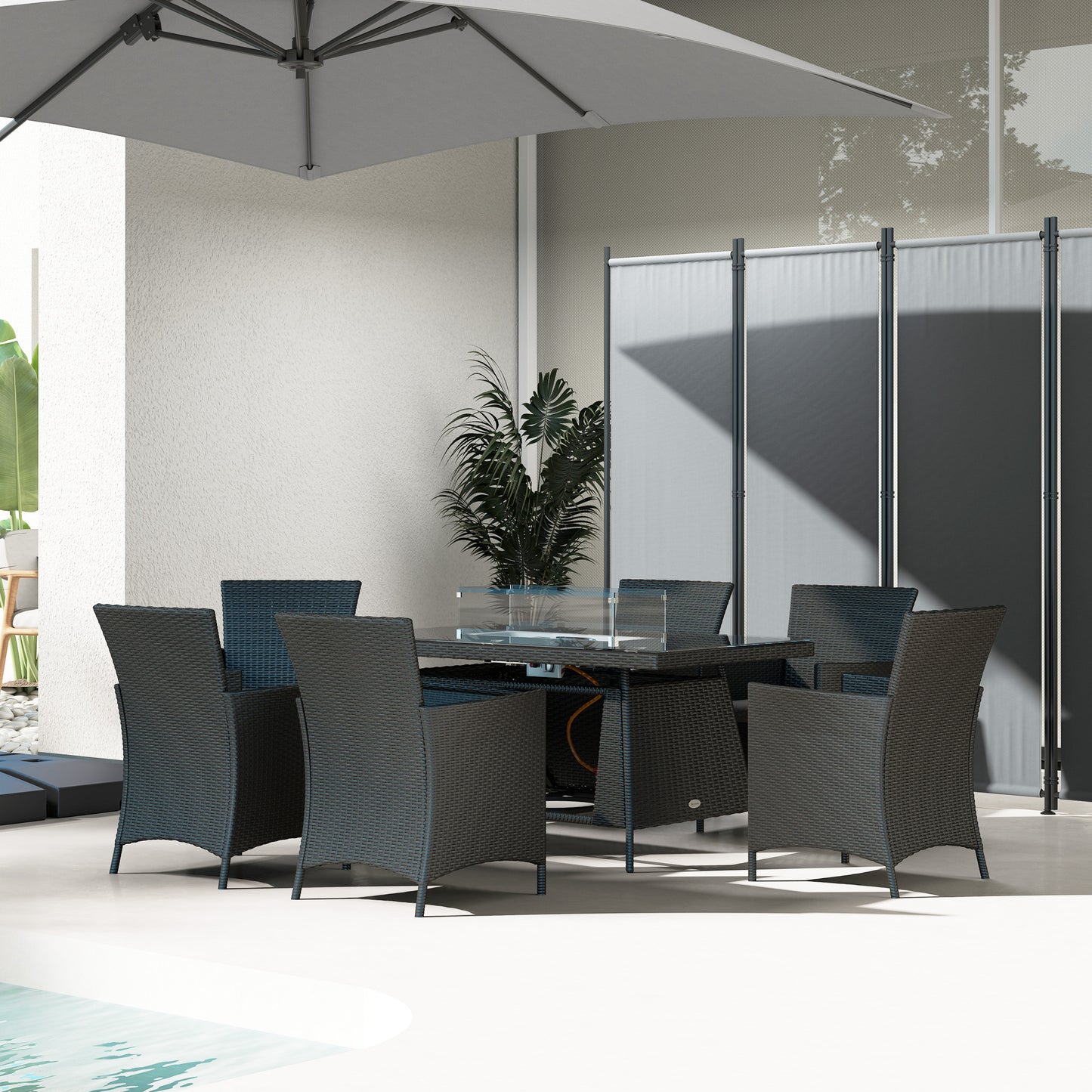Outsunny 7 Piece Outdoor Rattan Garden Furniture Set With Fire Pit Table 6 Chairs 50000 BTU Propane Heater Black