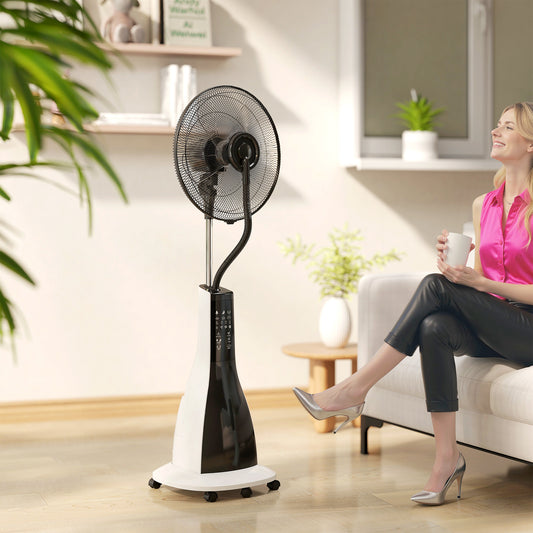 HOMCOM Pedestal Misting Fan With Water Spray Remote 75 Degree Oscillation 3 Speeds 3 Modes 3 Mist Levels 3L Tank Wheels