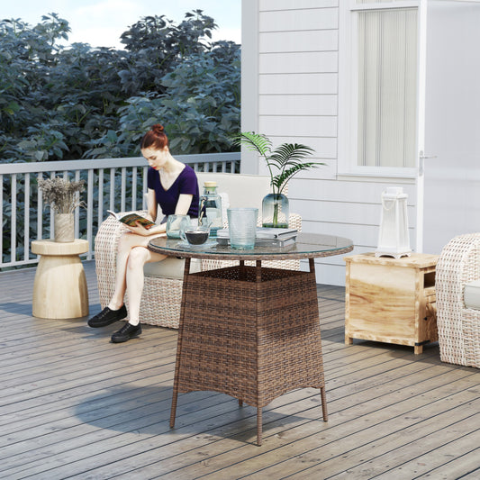 Outsunny Wicker Garden Rattan Coffee Table With Umbrella Hole And Tempered Glass Top Brown Outdoor Patio Furniture