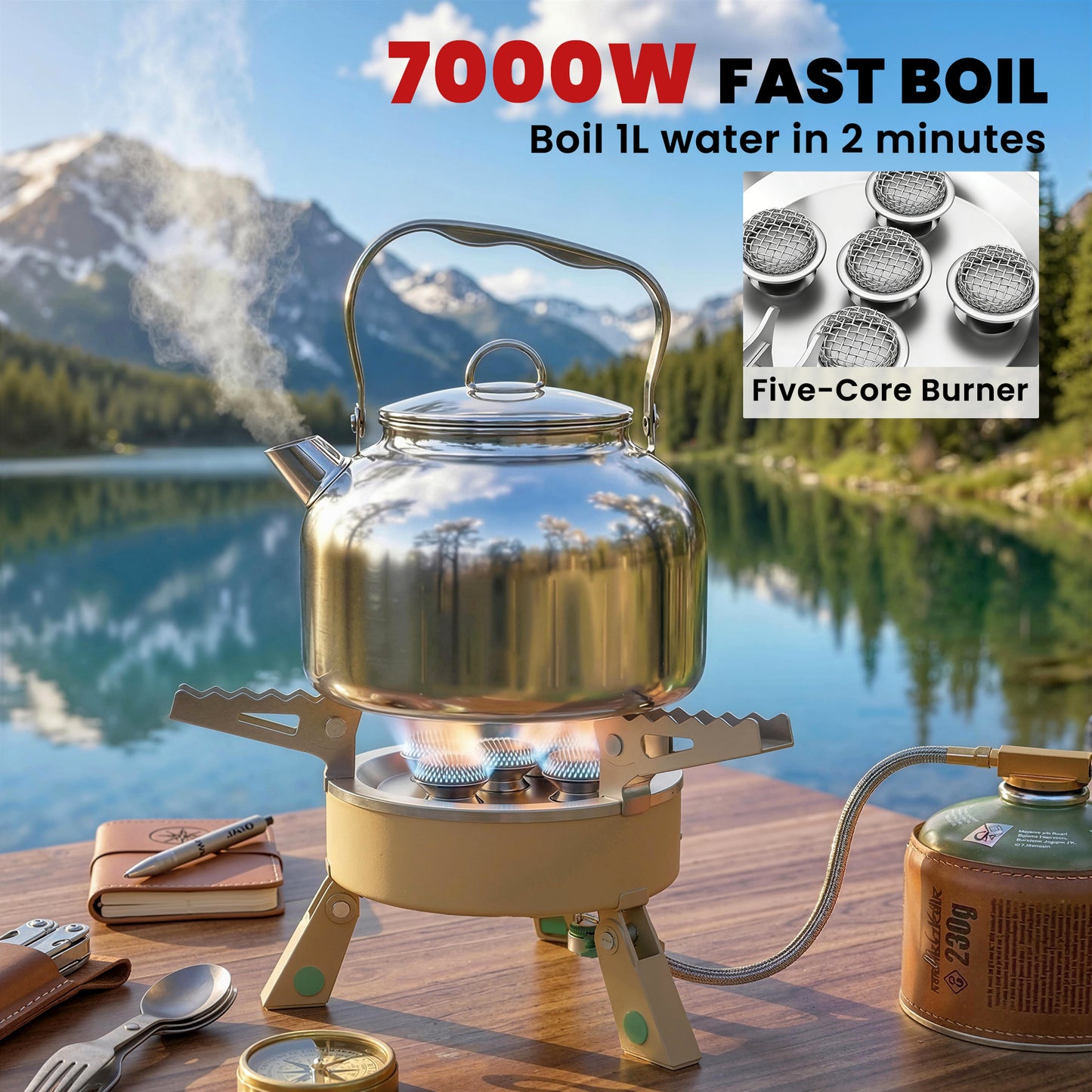 Outsunny 7000W Camping Stove with Piezo Ignition and Carry Bag High Power Gas Stove for Outdoor Hiking Khaki