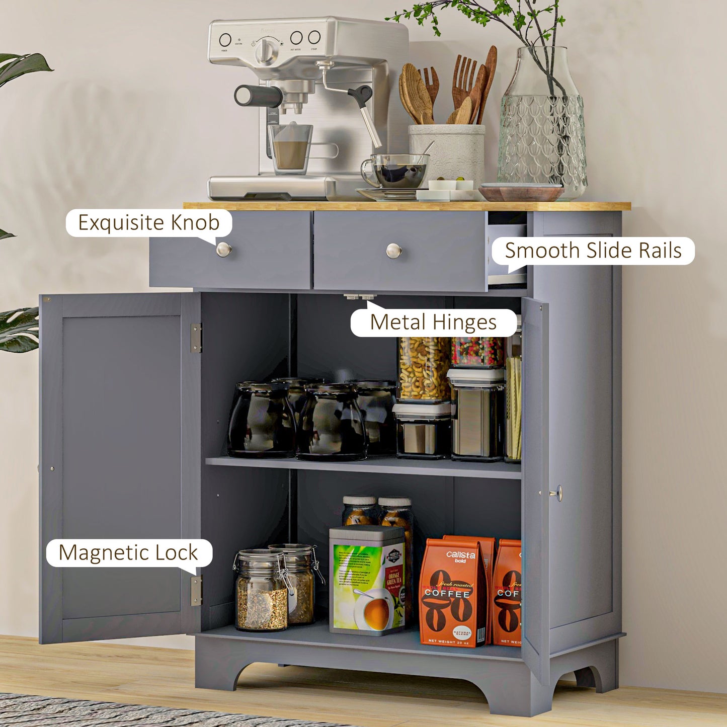 HOMCOM Side Storage Sideboard Table Kitchen Floor Cabinet With Solid Wood Top Drawer And Adjustable Shelf Grey