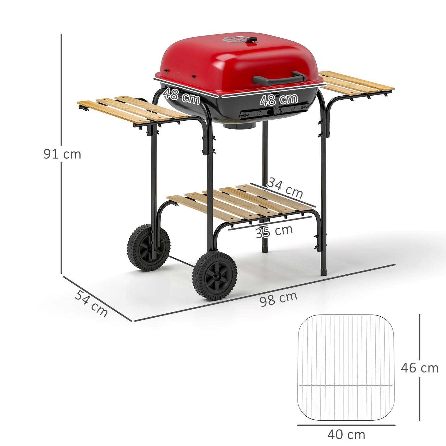 Outsunny Portable Charcoal BBQ Grill With 1840 cm2 Cooking Area Three Shelves Adjustable Vent Lockable Lid Wheels Red
