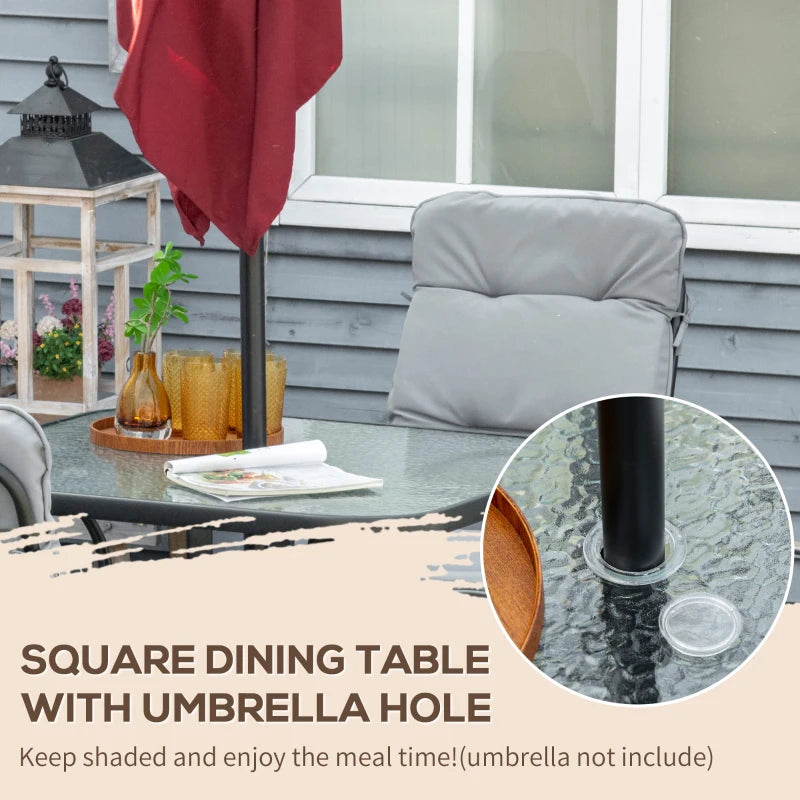 Outsunny 5-Piece Outdoor Square Garden Dining Set with Tempered Glass Dining Table, 4 Cushioned Armchairs, Umbrella Hole - Grey - ALL4U RETAILER LTD