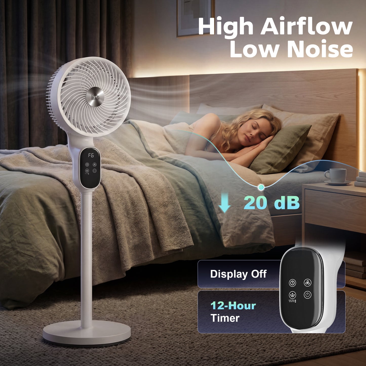 HOMCOM 20 Decibel Silent 39 Inch Standing Pedestal Fan with Remote Oscillating 8 Speeds Adjustable Height White