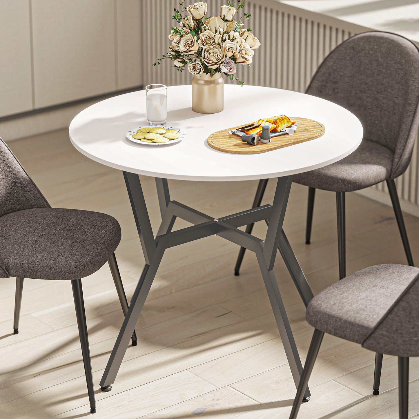 HOMCOM Round Dining Table With Black Metal Legs 90 By 76 cm High Gloss White For Living Room And Dining Room