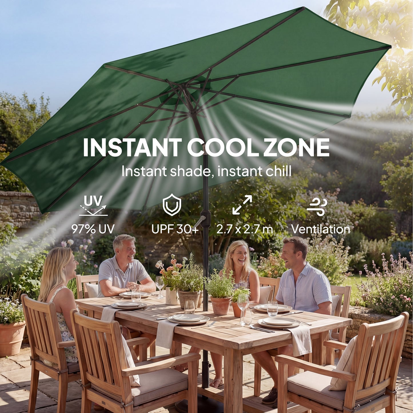Outsunny 2.7 M Garden Parasol Umbrella With Cross Base And Sandbag Retractable Ribs Outdoor Table Market Umbrella Green