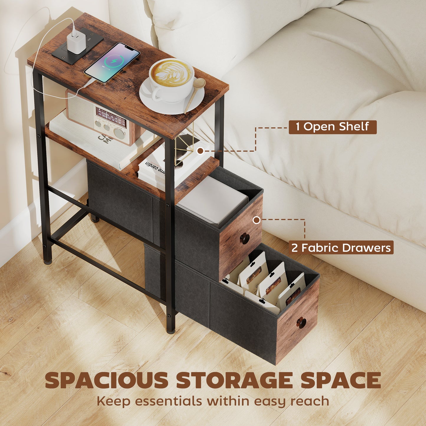 HOMCOM Narrow Bedside Table With Charging Station, 2 Drawers, AC Outlet, 2 USB Ports