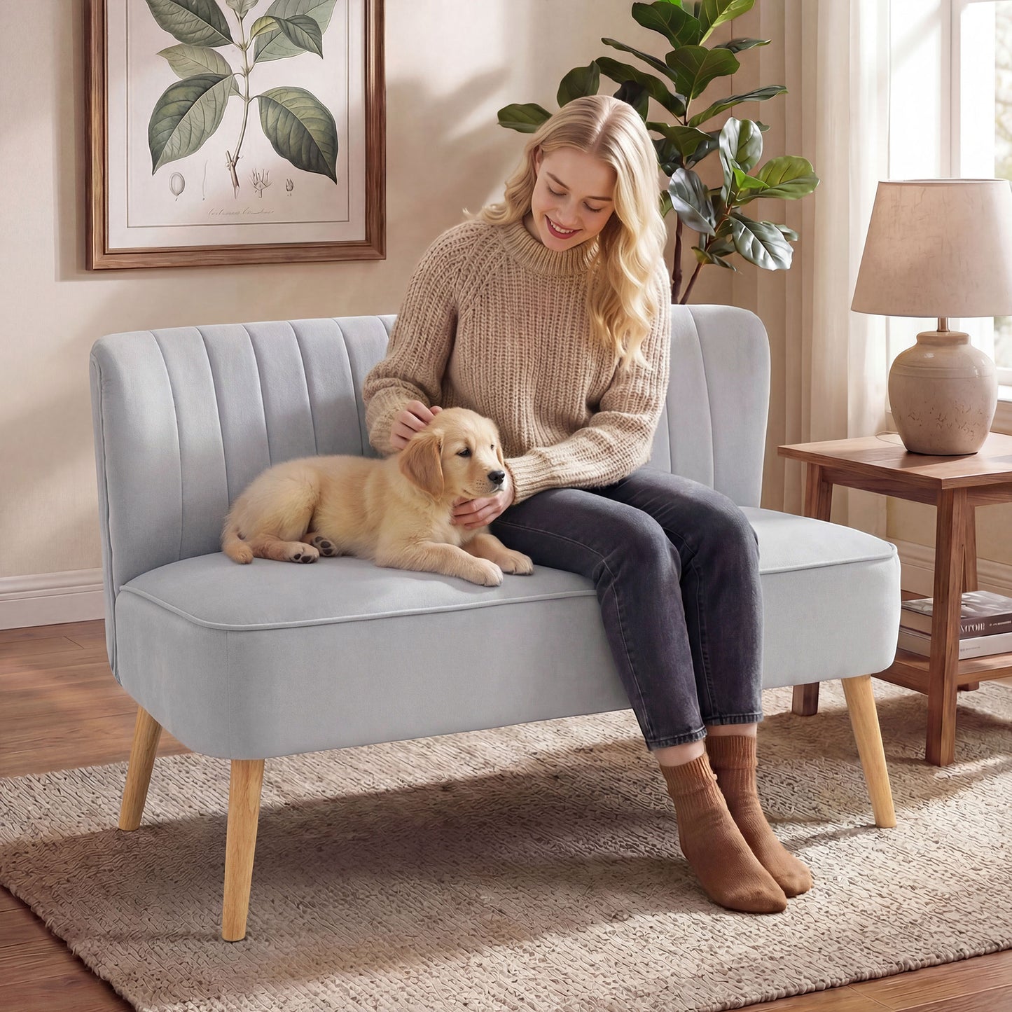 HOMCOM Modern Velvet Double Seater Sofa With Wood Frame Foam Padding Soft Comfortable Compact Couch Light Grey