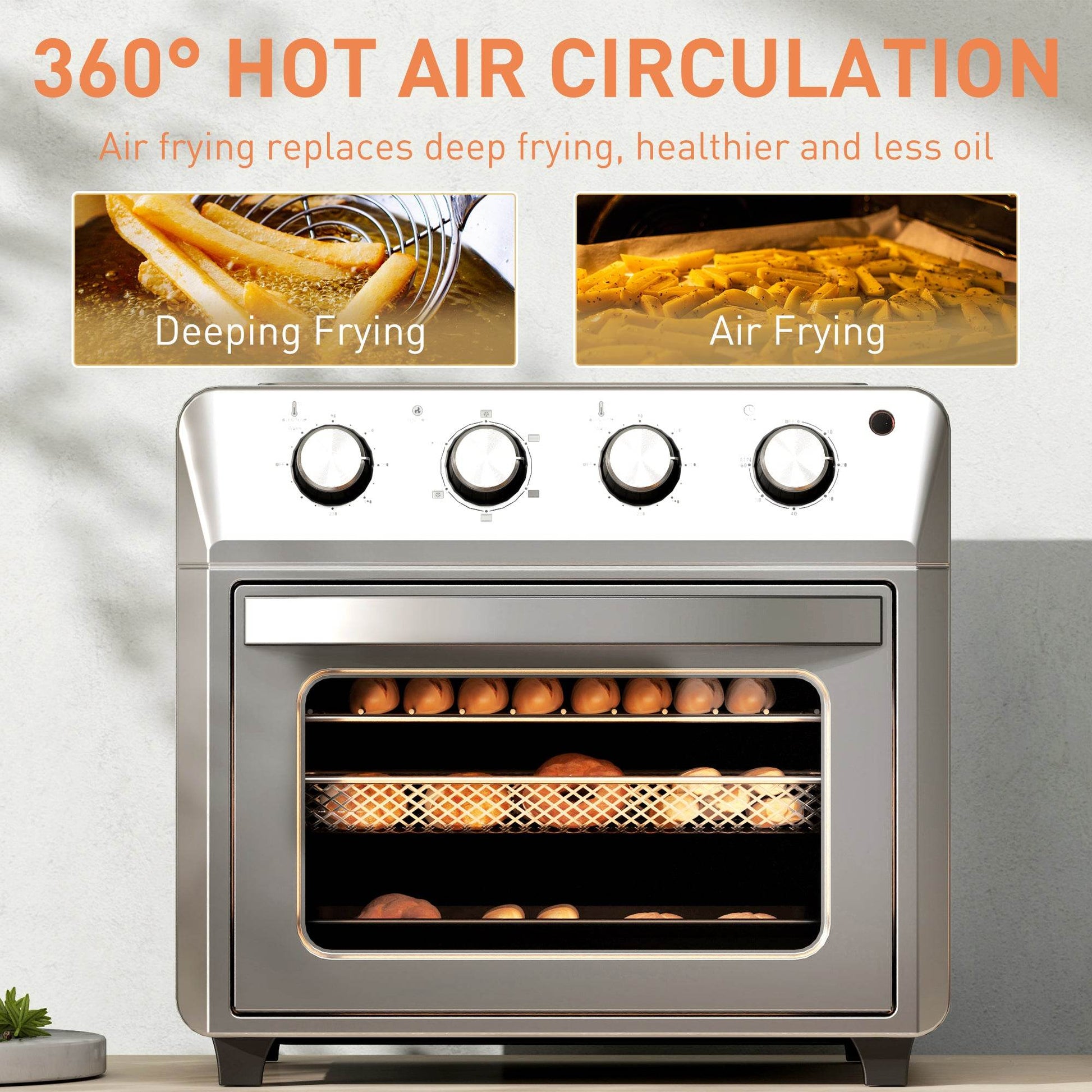 HOMCOM 24L Versatile Air Fryer Oven - Compact Mini Oven for Healthy Cooking, Baking, and Roasting with Touch Screen Controls, Adjustable Temperature, and Timer, 1600W, Silver - ALL4U RETAILER LTD