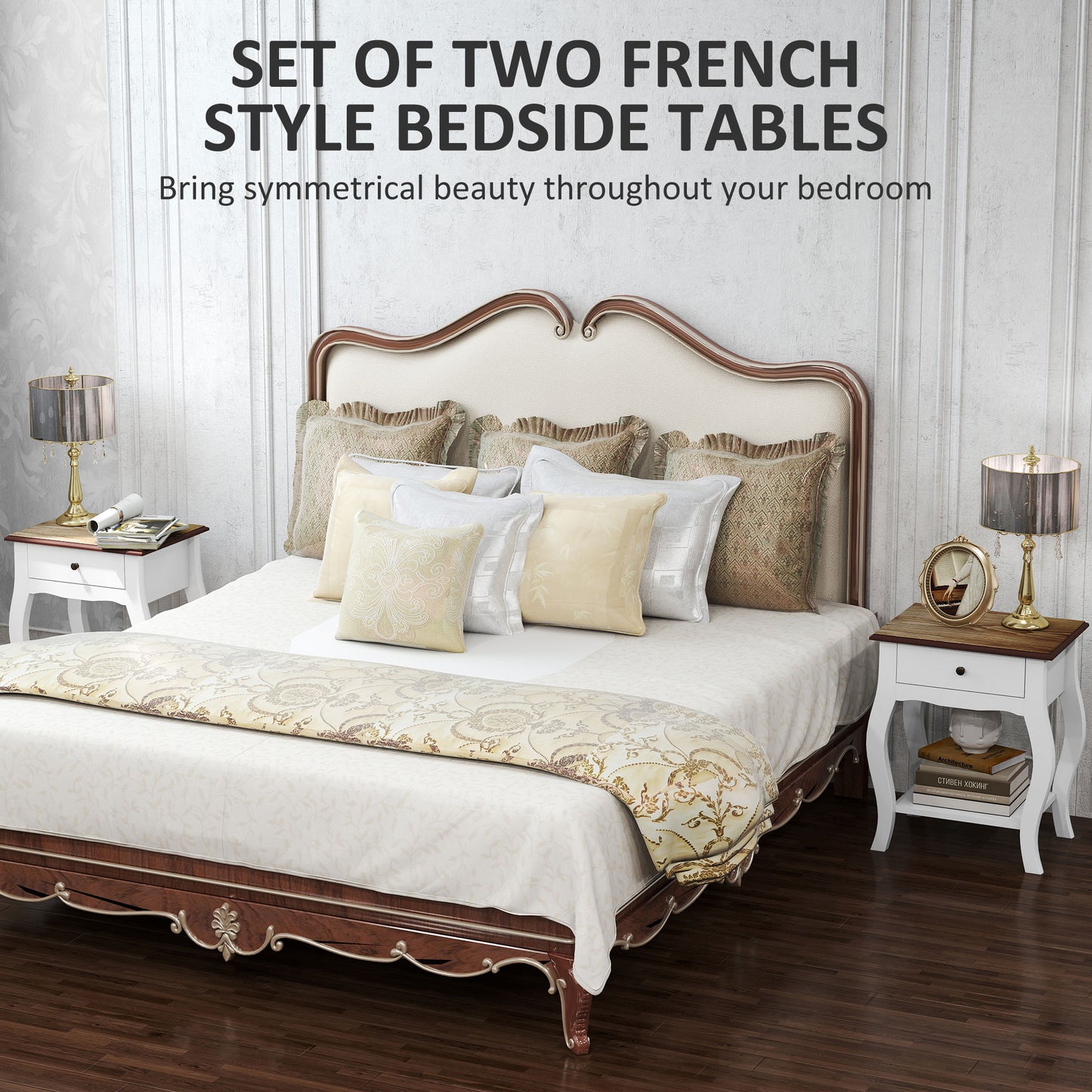 HOMCOM Two Piece Bedside Tables With Drawer In French Style With Open Shelf White Bedroom Nightstands