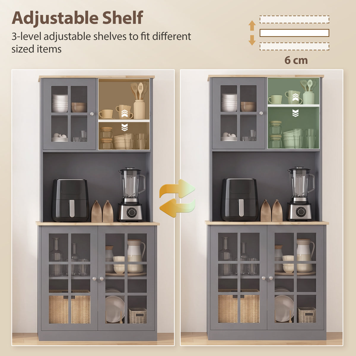Homcom Kitchen Buffet Hutch With Three Cabinets And Open Shelves Grey