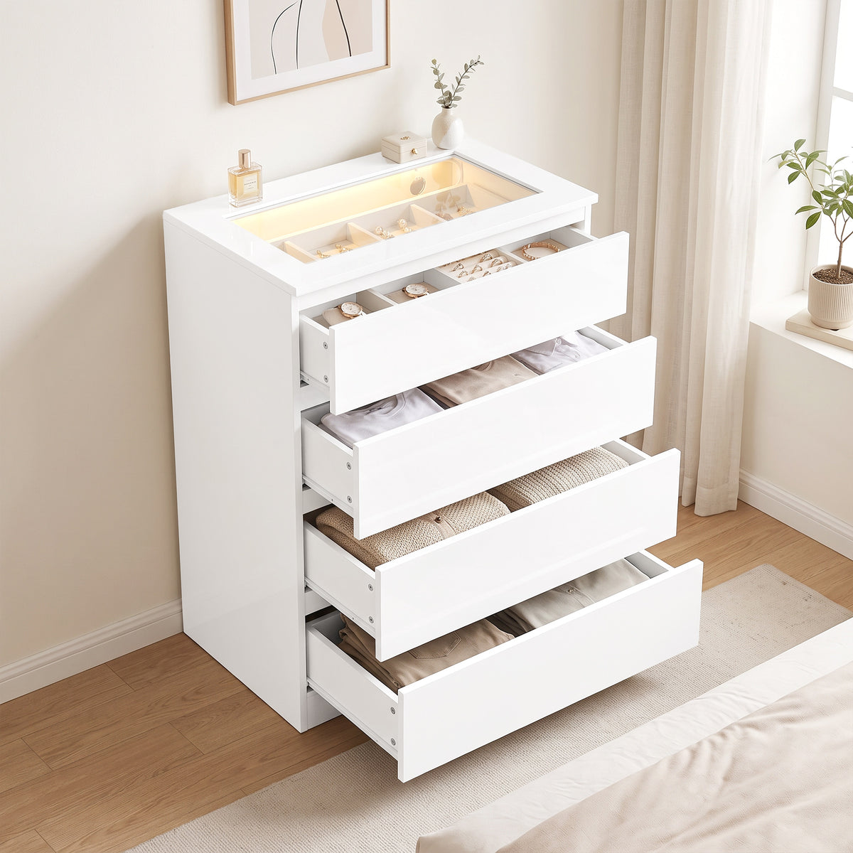 Homcom High Gloss Dresser With Glass Top Rgb Led Lights Jewelry Organizer