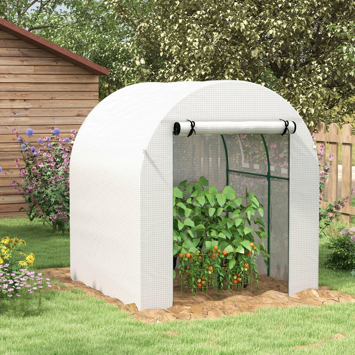 Outsunny Walk in Polytunnel Greenhouse, Green House for Garden with Roll-up Window and Door, 1.8 x 1.8 x 2 m, White - ALL4U RETAILER LTD