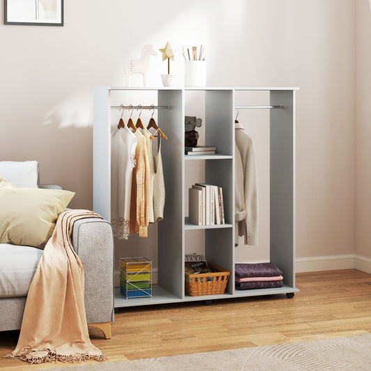 HOMCOM Open Wardrobe Double Mobile Storage Shelves Organizer With Six Wheels Grey