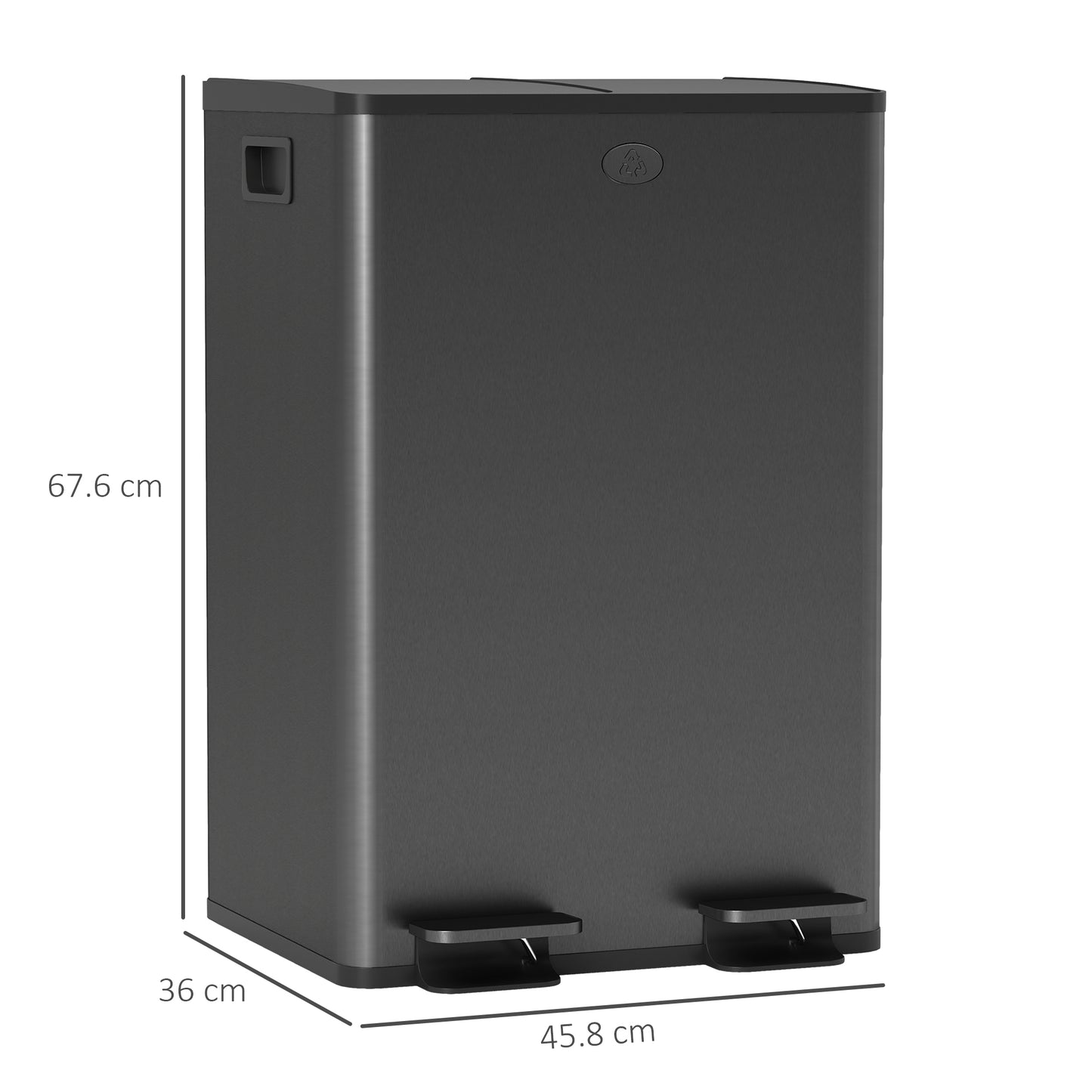 HOMCOM 56L Dual Compartment Stainless Steel Bin With Deodoriser Holders And Pedal Lid Black