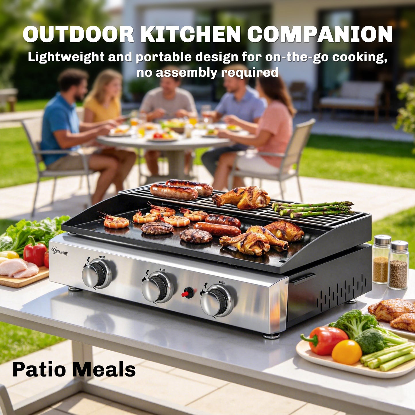 Outsunny 3 Burner Gas Grill Griddle Portable Plancha With Warming Rack And Grease Cup 7.5 Kilowatt Tabletop Black