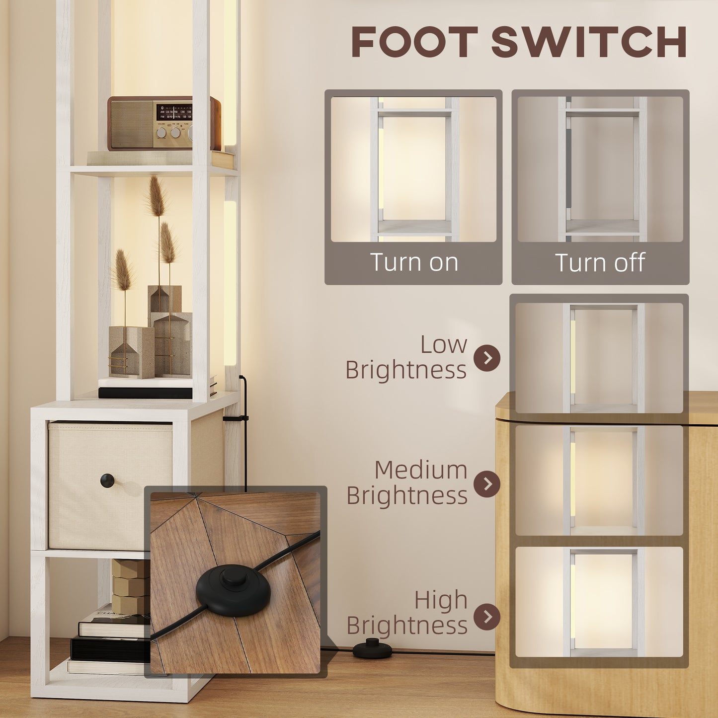 HOMCOM Floor Lamp With Shelves And Fabric Drawer LED Column Modern Standing Lamp Adjustable Brightness Foot Switch White