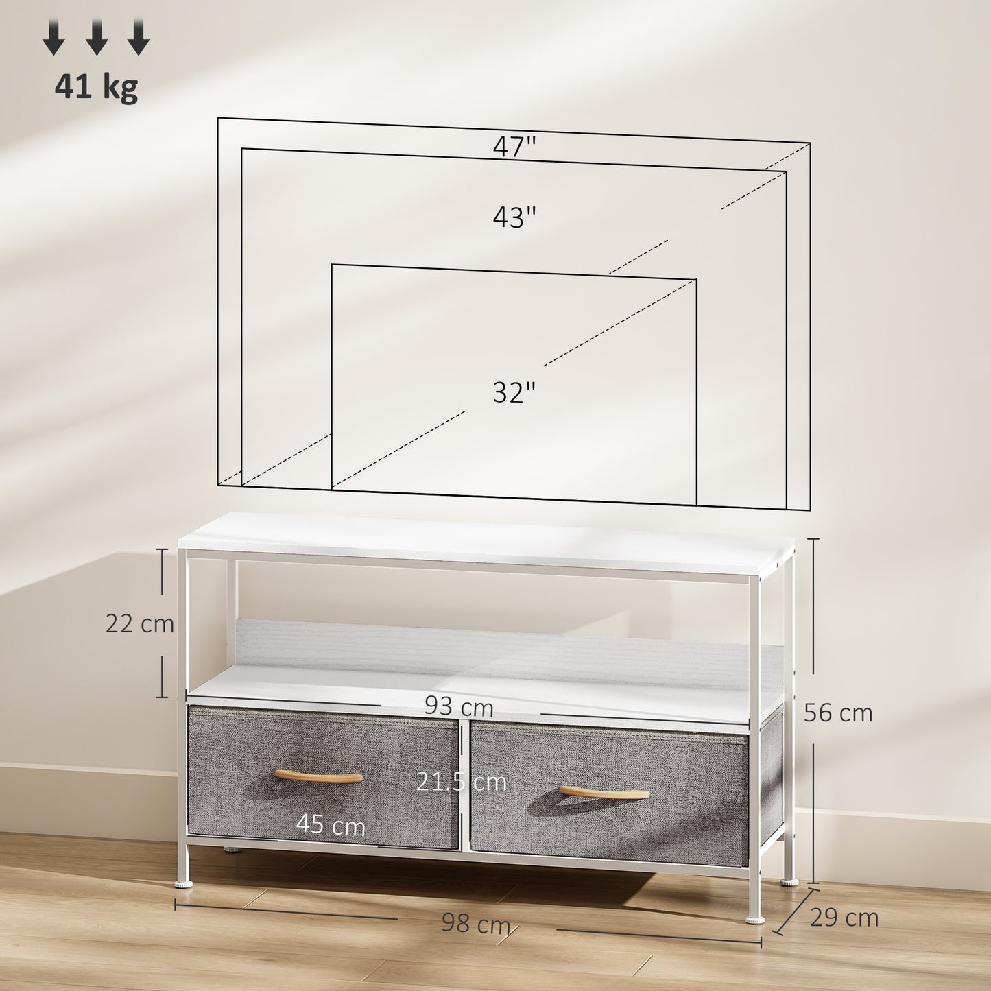 HOMCOM TV Stand Cabinet With 2 Foldable Drawers White Two Tone Finish Fits Up To 47 Inch TV
