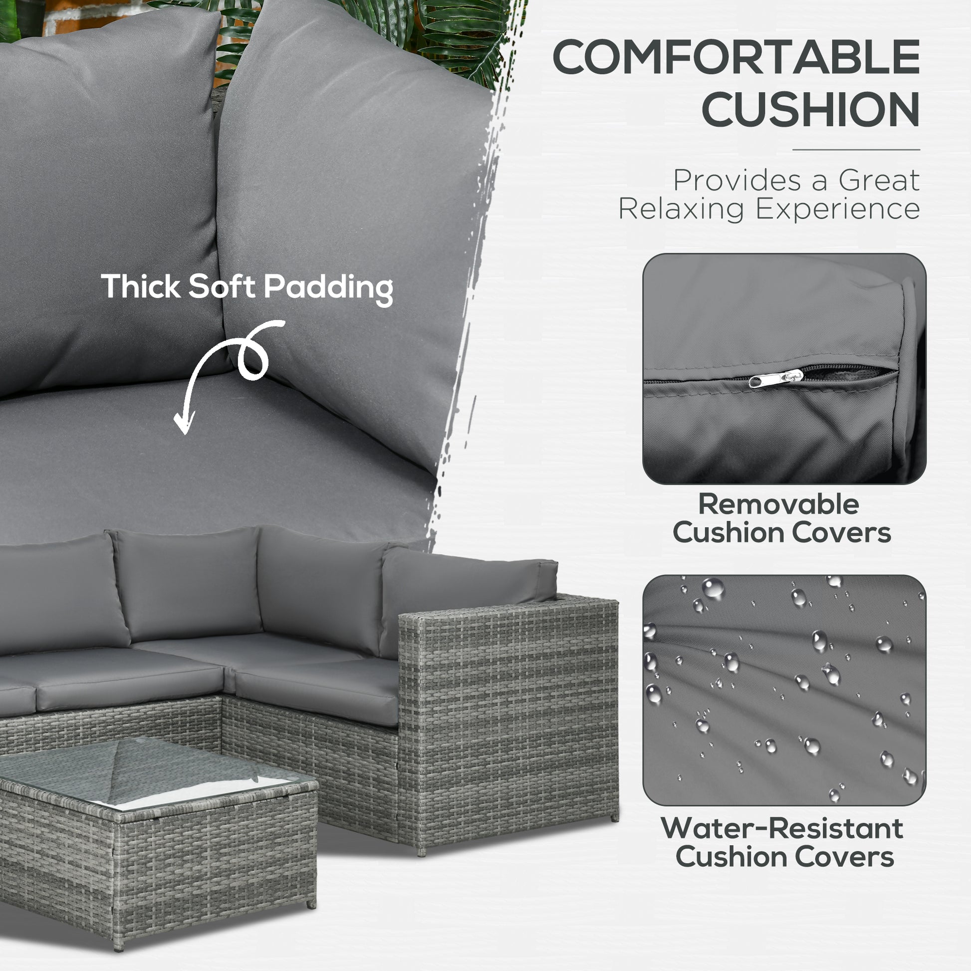 Outsunny 4-Piece Rattan Outdoor Patio Sofa Set with Cushions and Coffee Table - Grey - ALL4U RETAILER LTD