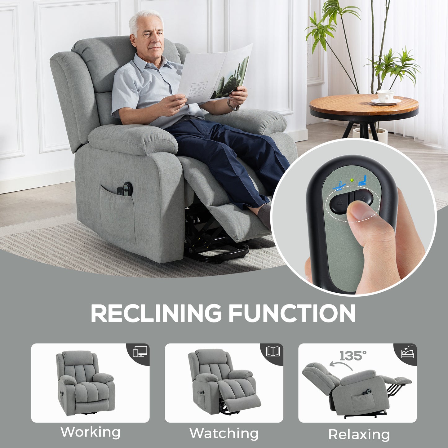 HOMCOM Eight Point Massage Electric Lift Chair Recliner With Remote Control 135 Degree Back Recline Light Grey