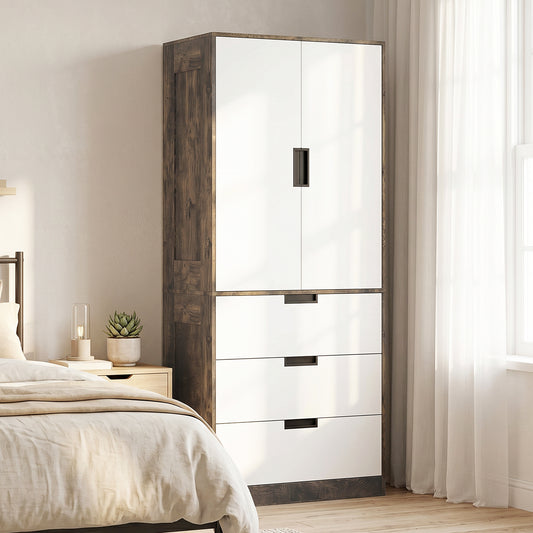 HOMCOM Modern Clothes Storage Cupboard With Hanging Rod 2 Doors 3 Drawers Rustic Brown And White Wardrobe