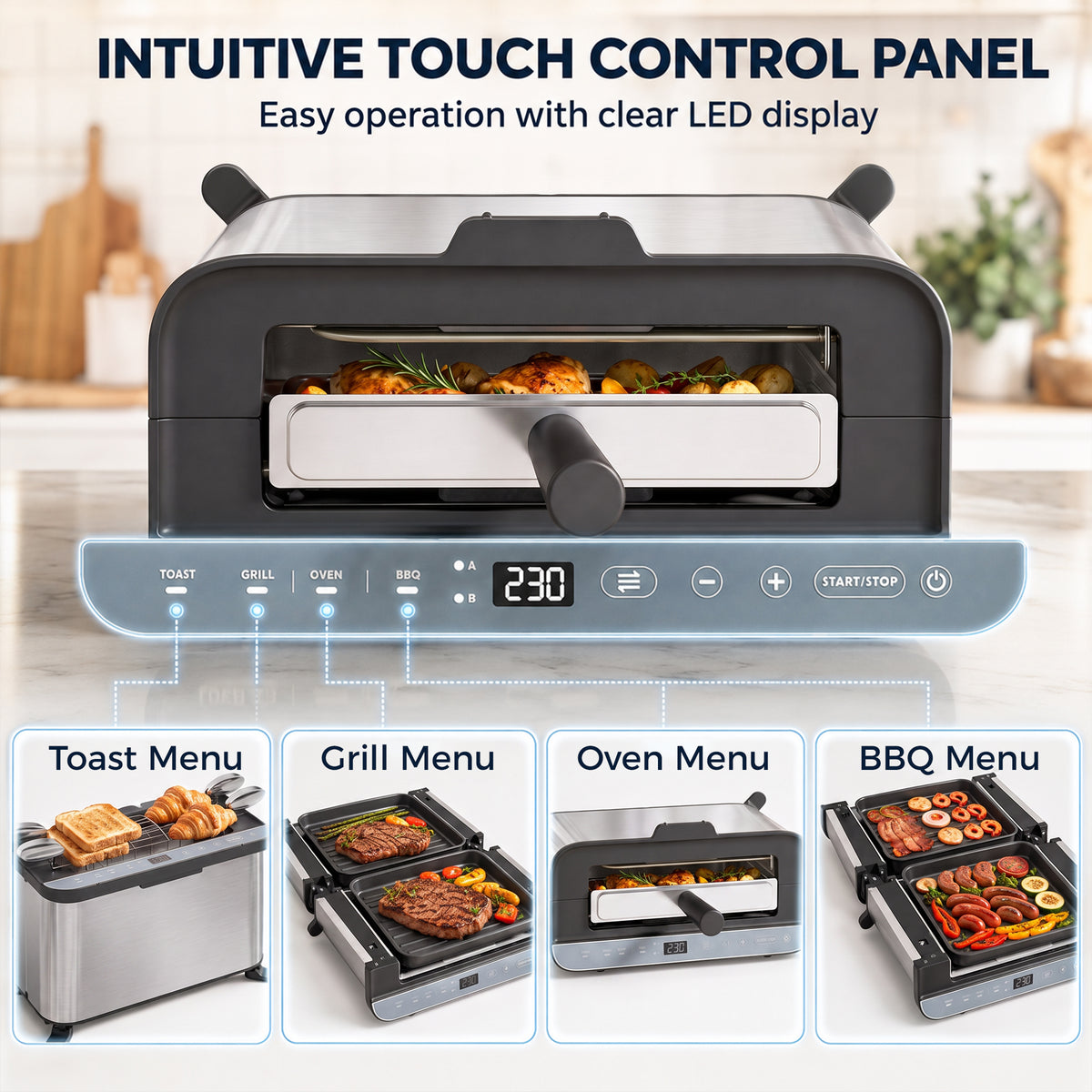 3-in-1 electric countertop oven with touch control panel, LED display, and open cooking chamber