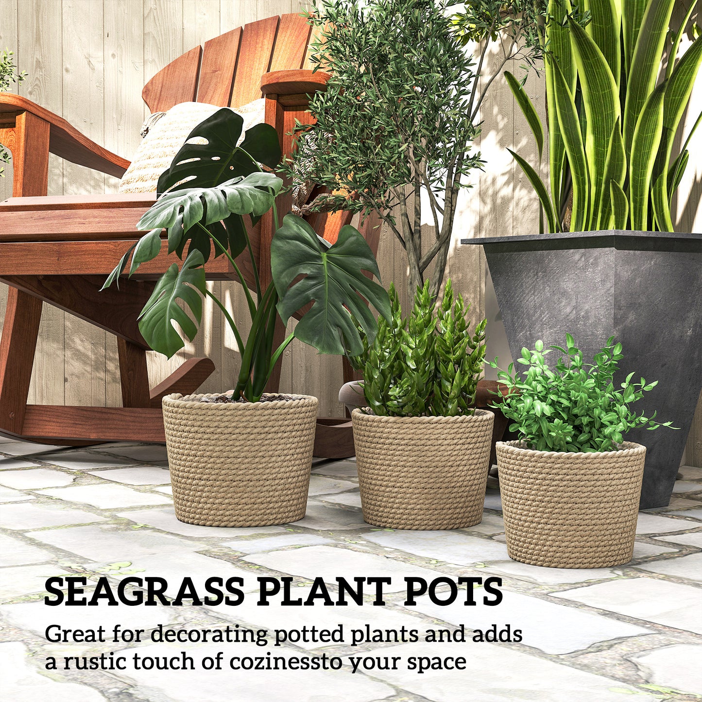 Outsunny Seagrass Planters Set Of 3 Indoor Outdoor Plant Pots For Patio Balcony Natural Finish
