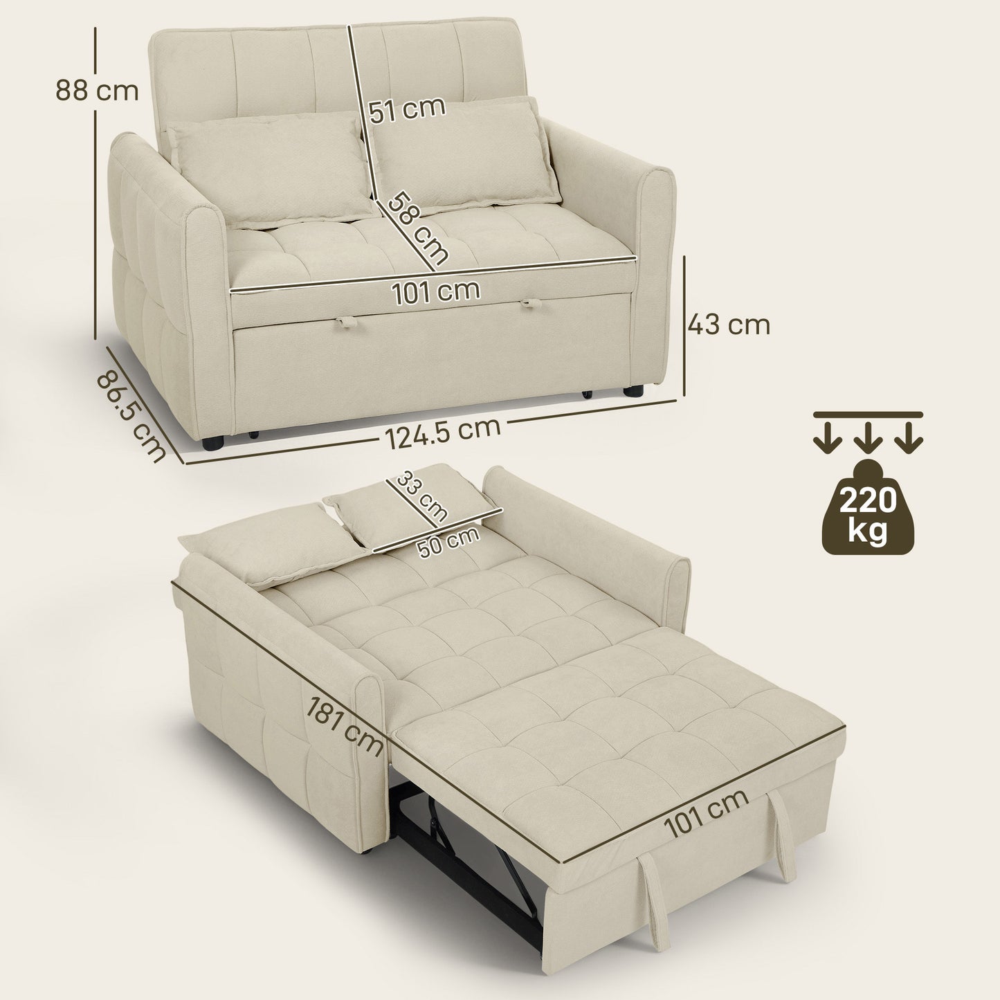 HOMCOM 2 Seater Sofa Bed 3 In 1 Convertible Sleeper Sofa With Click Clack Adjustable Backrest And 2 Pillows Light Brown