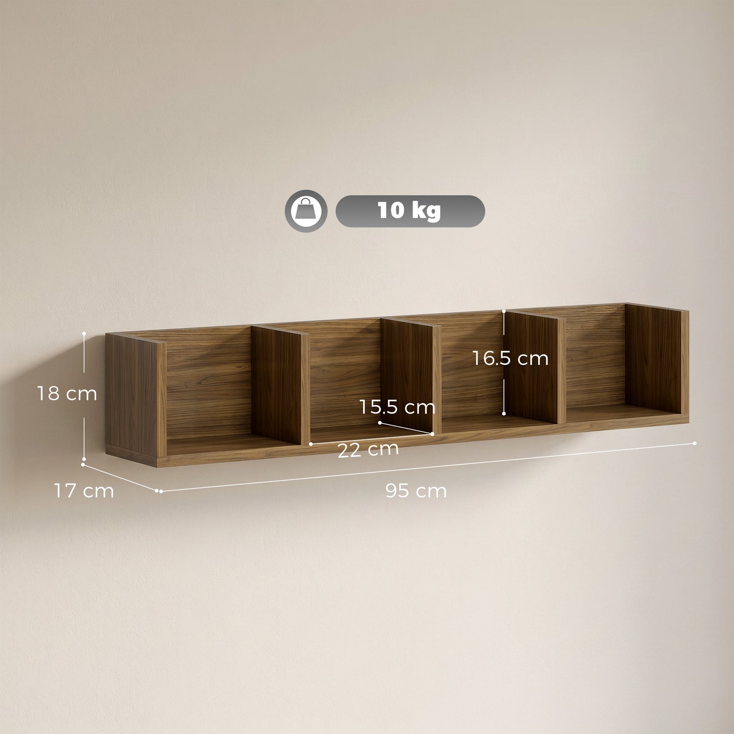 HOMCOM Wall Mount CD DVD Storage Rack Four Cubes Walnut Wood Shelf Organizer Unit