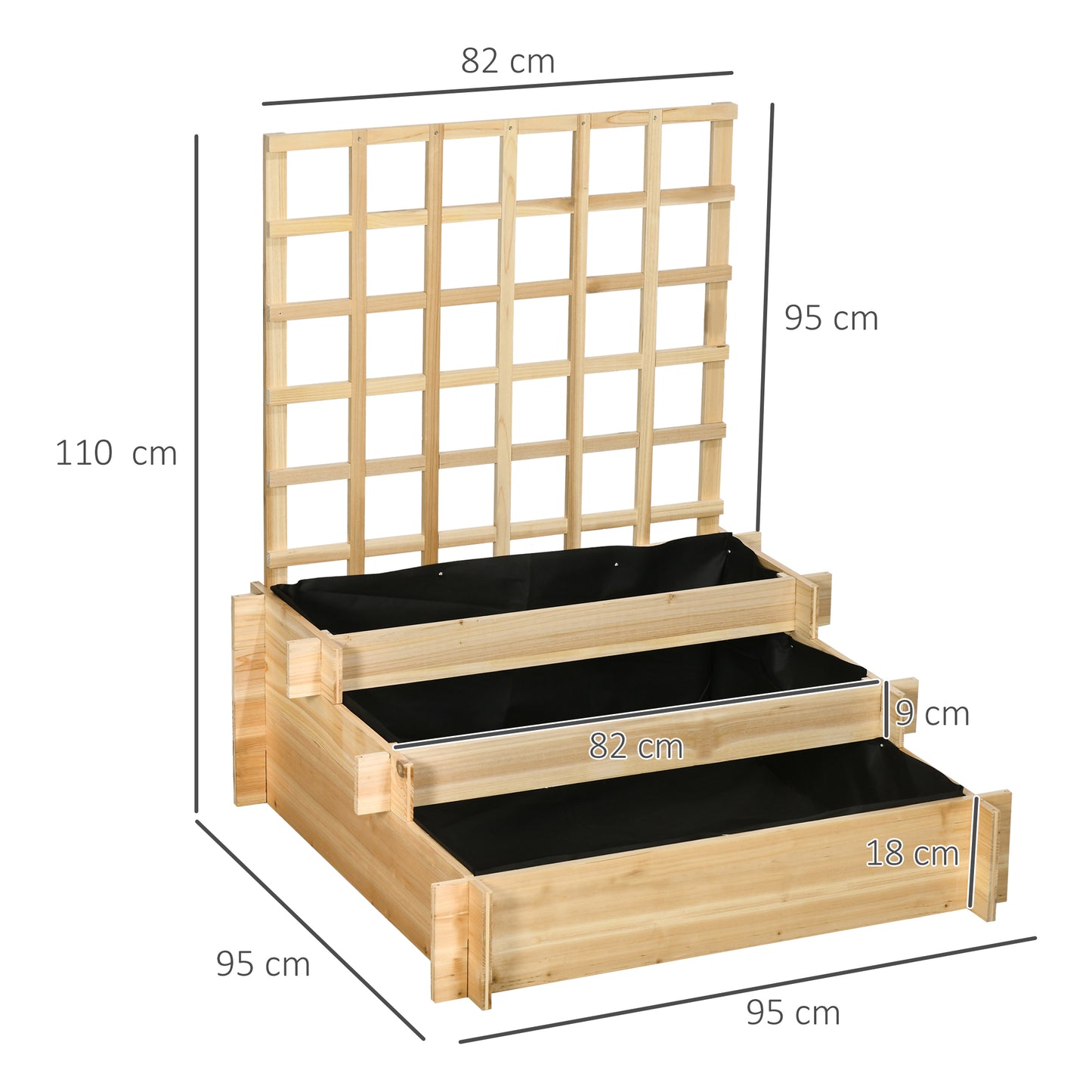 Outsunny 3 Tier Garden Planters With Trellis For Vine Climbing Wooden Raised Beds 95x95x110cm Natural Tone