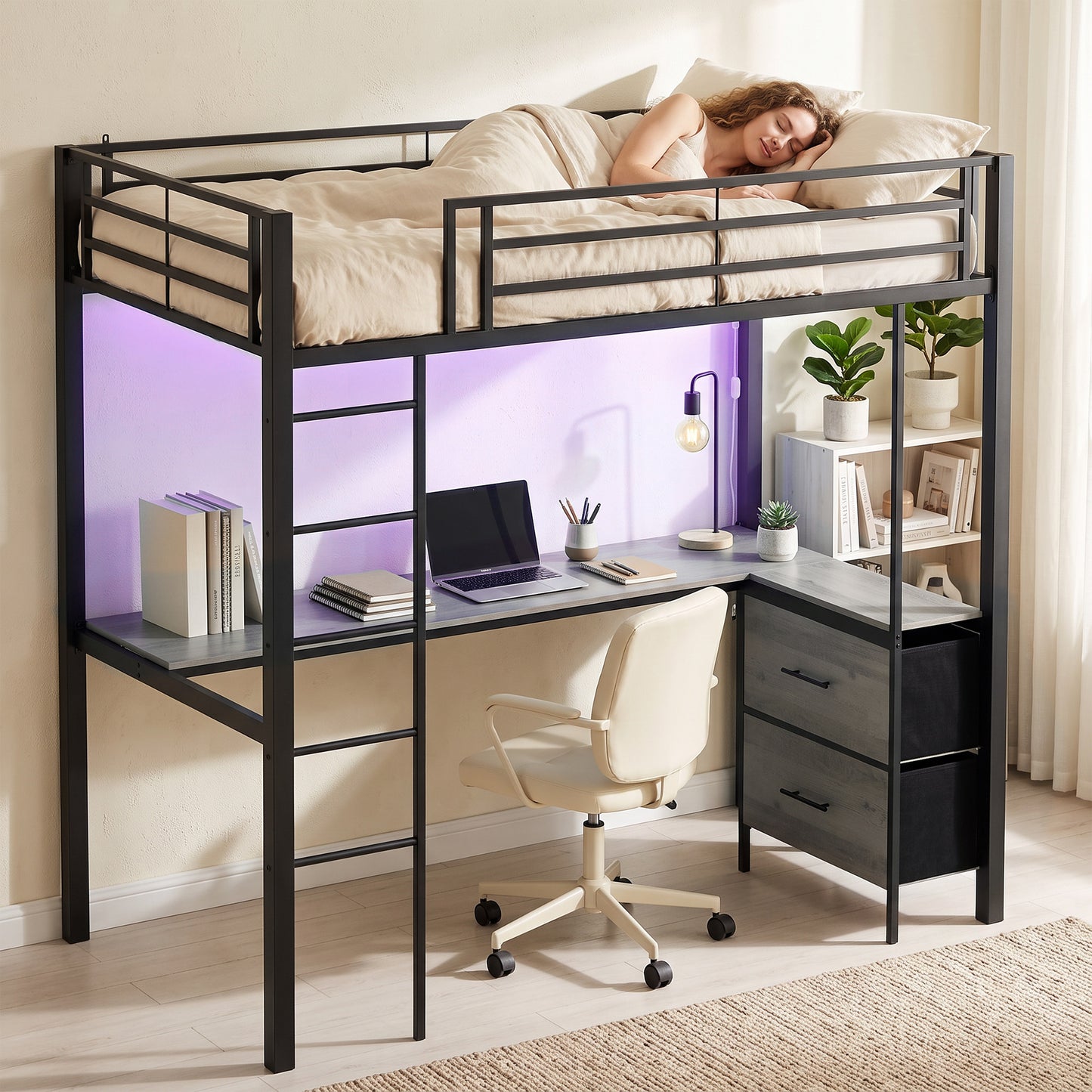 HOMCOM Metal Bunk Bed With Desk Built In Workstation LED Light High Sleeper Guardrail No Box Spring Needed