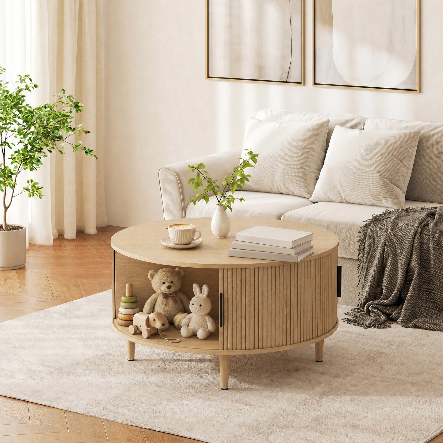 HOMCOM Lift Top Coffee Table With Hidden Storage Round Natural Wood 80 cm Fluted Sliding Door