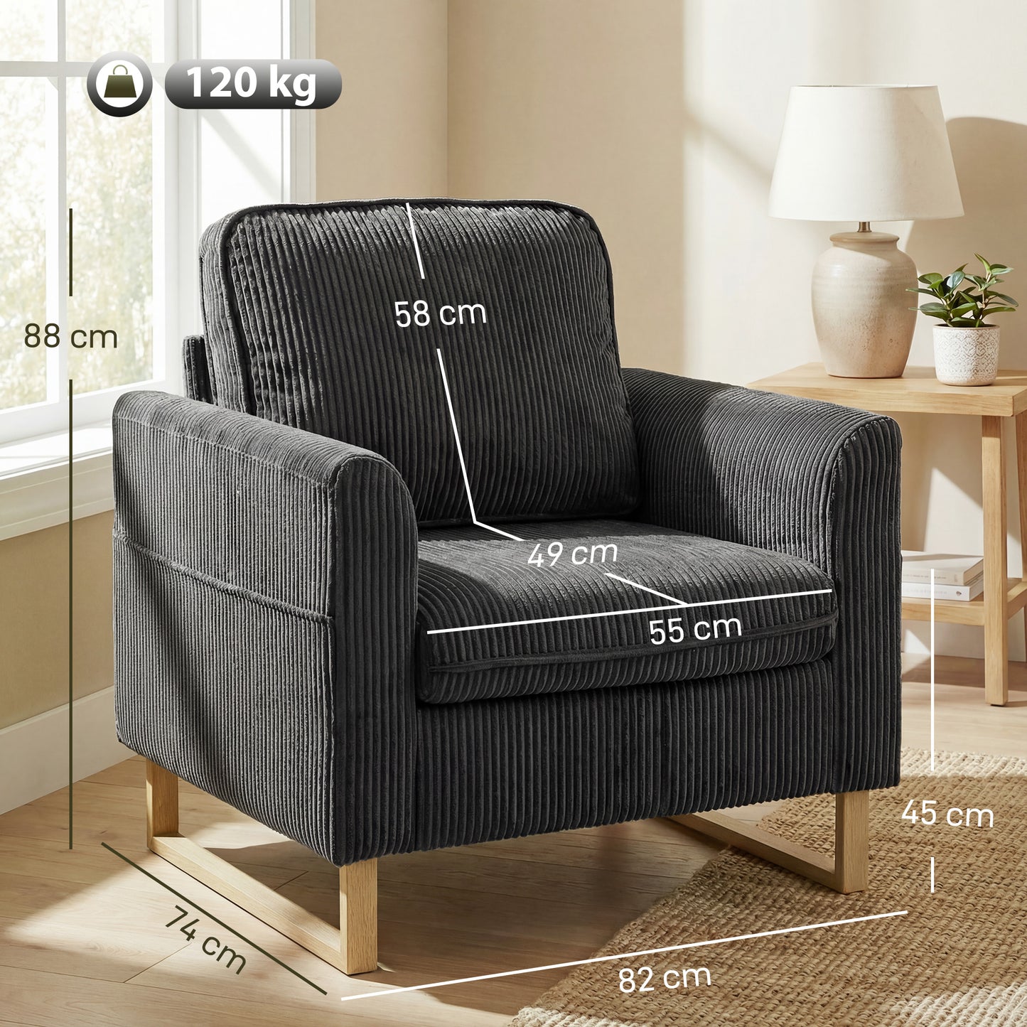 HOMCOM Accent Chair with Pocket Spring Modern Industrial Armchair with Metal Legs for Living Room Dark Grey
