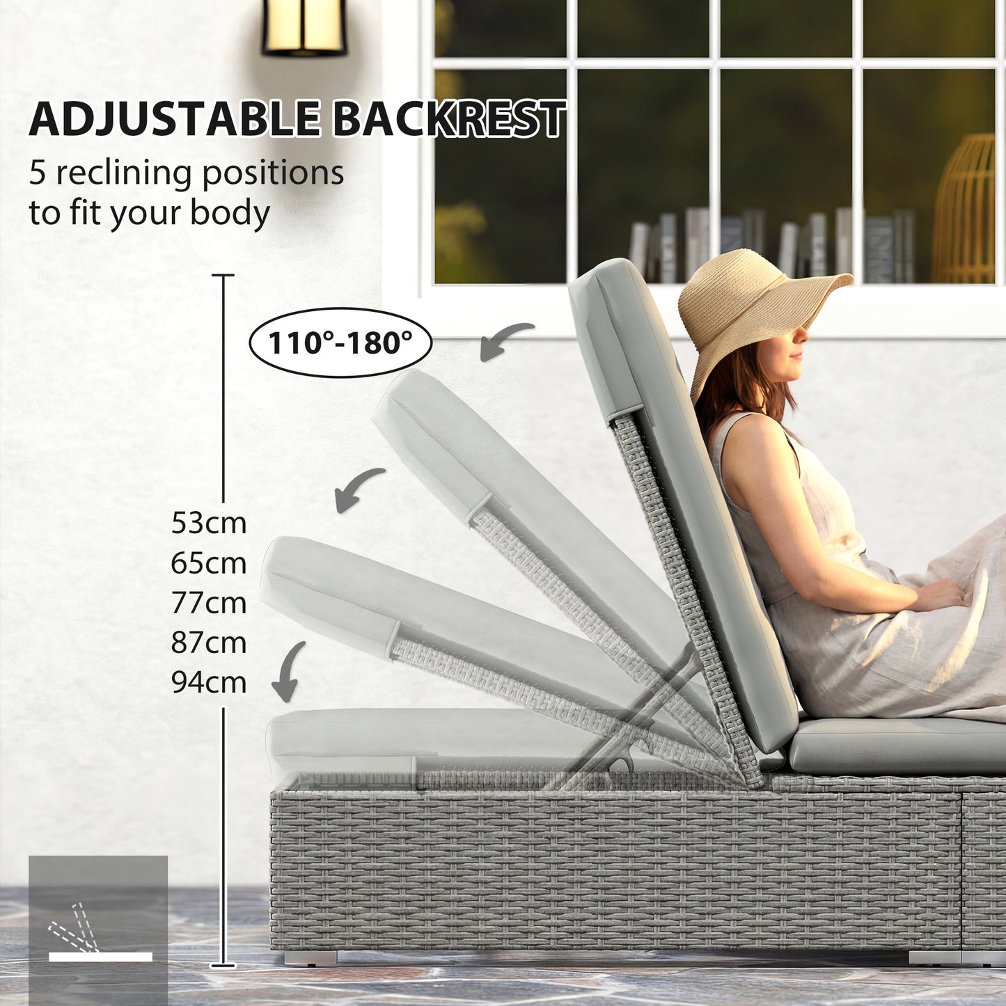 Outsunny Rattan Sun Lounger Five Position Reclining Garden Lounger With Cushion Light Grey