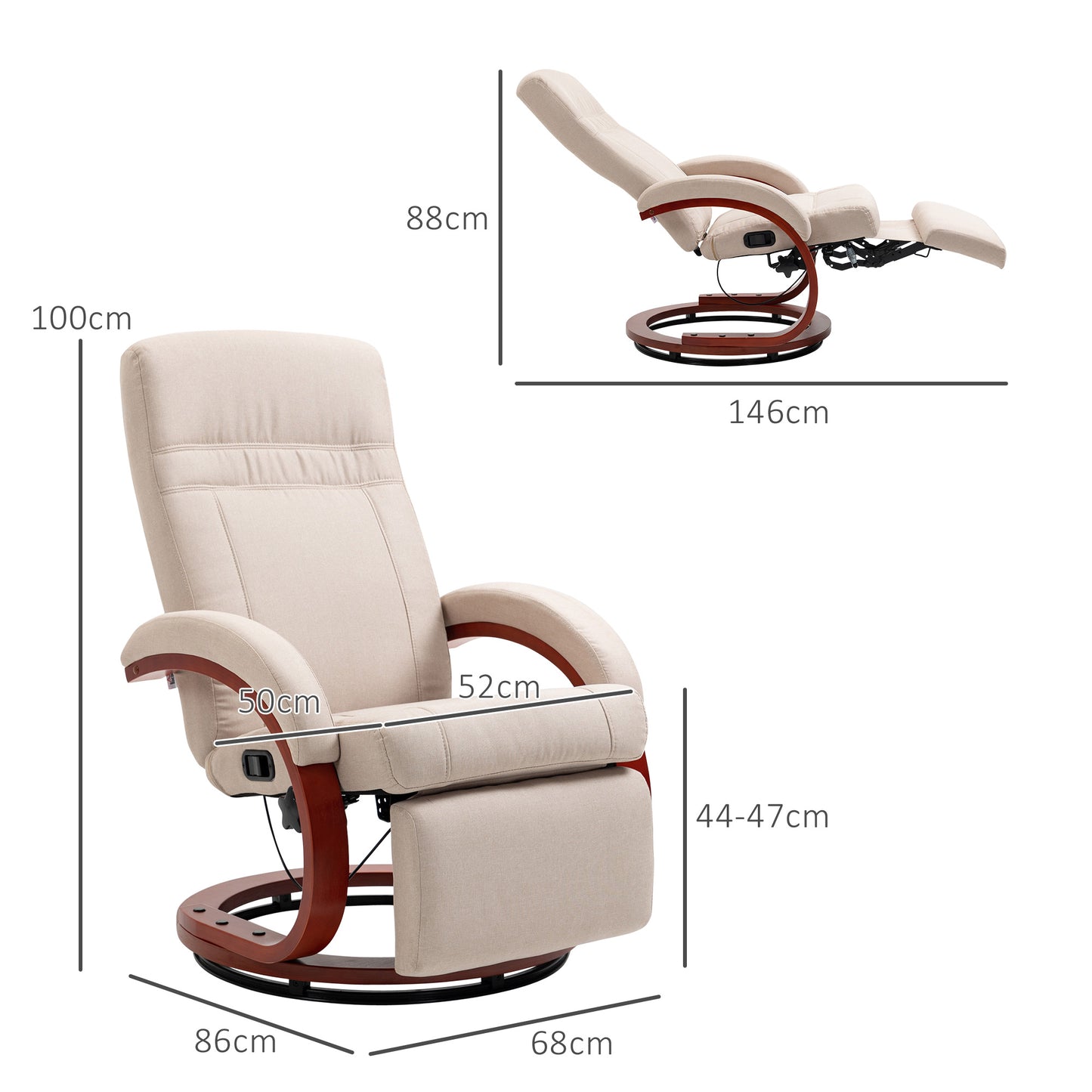 HOMCOM 135 Degree Manual Reclining Swivel Chair With Footrest Beige Linen Upholstery High Back Armrests