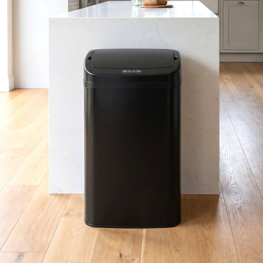 HOMCOM 48L Sensor Bin with Infrared Auto Open Lid Black Galvanised Steel Construction for Hygienic Waste Disposal