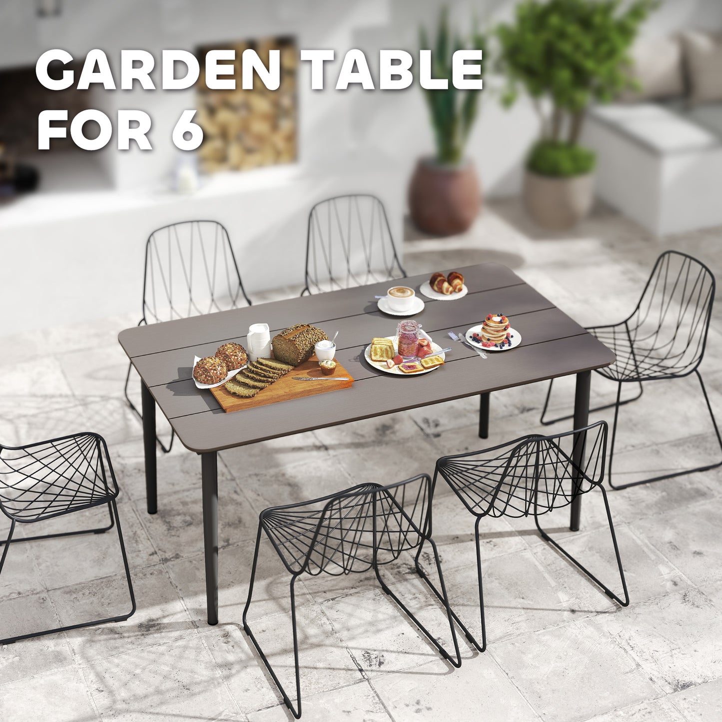Outsunny Garden Table Outdoor Dining Table For 6 People 160 x 90 x 74 cm WPC Top Rust Resistant Metal Frame Dark Grey
